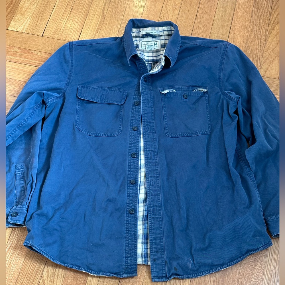 LL bean mens large cotton Vintage Blue Button-Up Work Shirt Barn Jacket